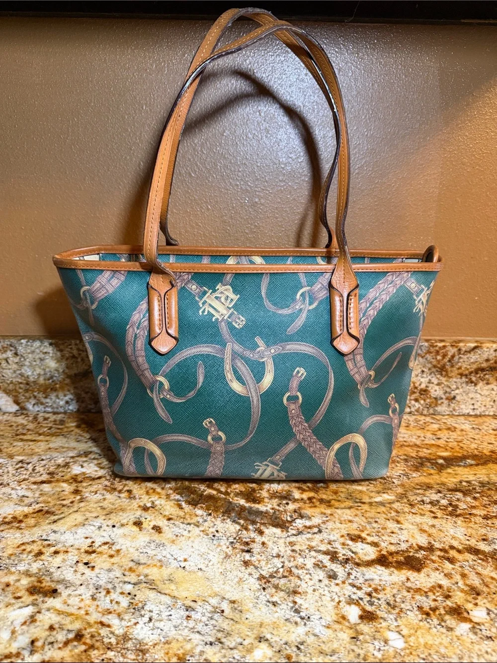 Ralph Lauren Green Printed Tote Bag with Tan Trim